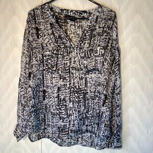Frazzle - two front pockets, silver, black, grey shimmery dressy blouse Large